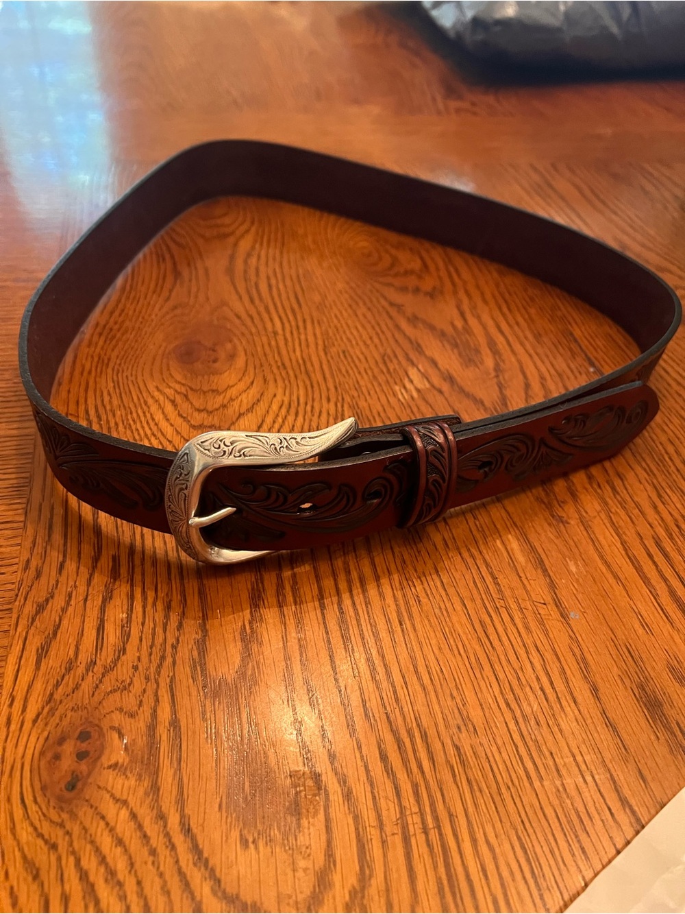 Ariat Tooled Brown Leather Belt with Engraved Silver Buckle